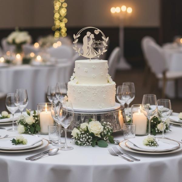 Personalisierter Caketopper aus Birkenholz mit zwei Vornamen und Datum, filigran gelasert und auf einer Hochzeitstorte präsentiert.